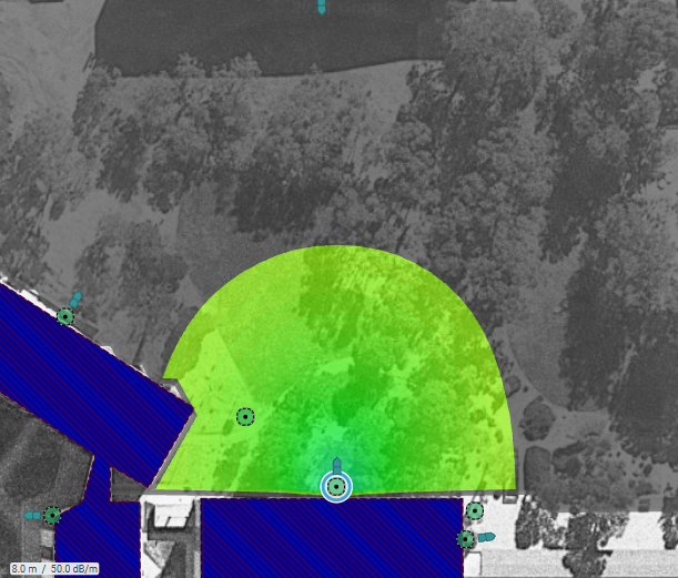 Predictive Wi-Fi design heatmap showing wide coverage from the outdoor access point