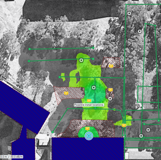 Onsite Wi-Fi survey heatmap showing reduced coverage either side of the access point due to trees