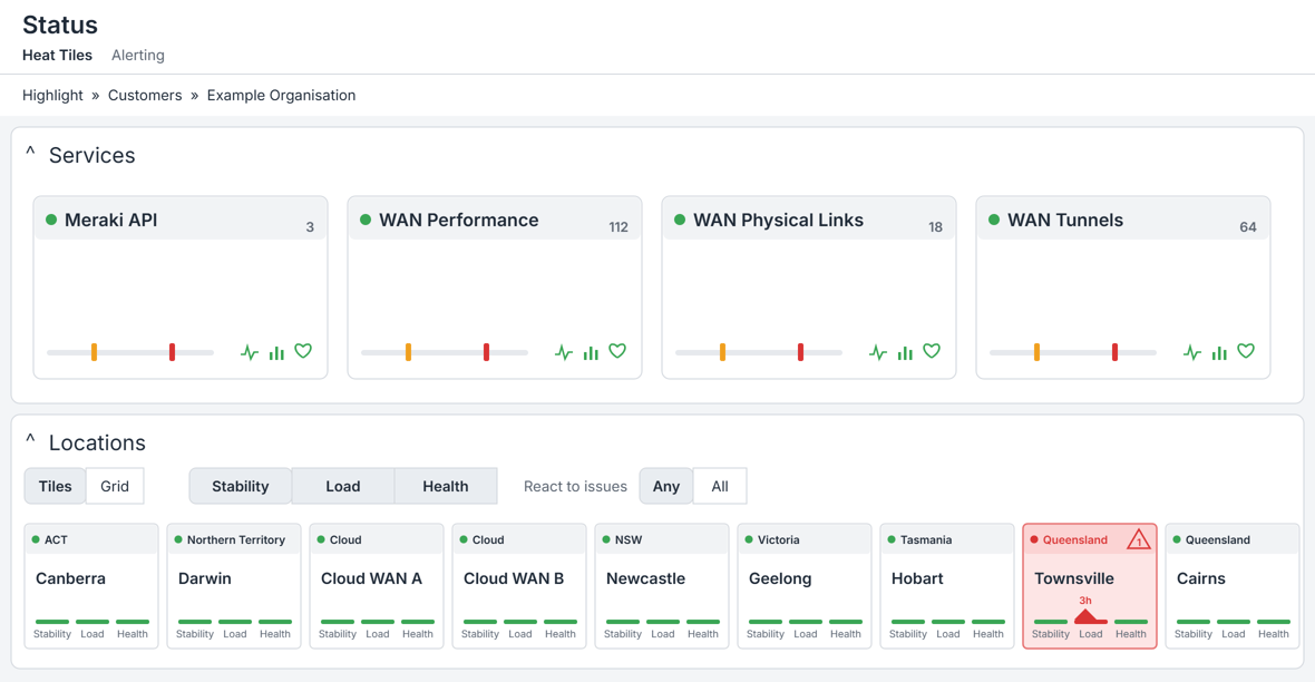 Highlight Heat Tiles view showing service tiles and location tiles with one branch flagged for high load
