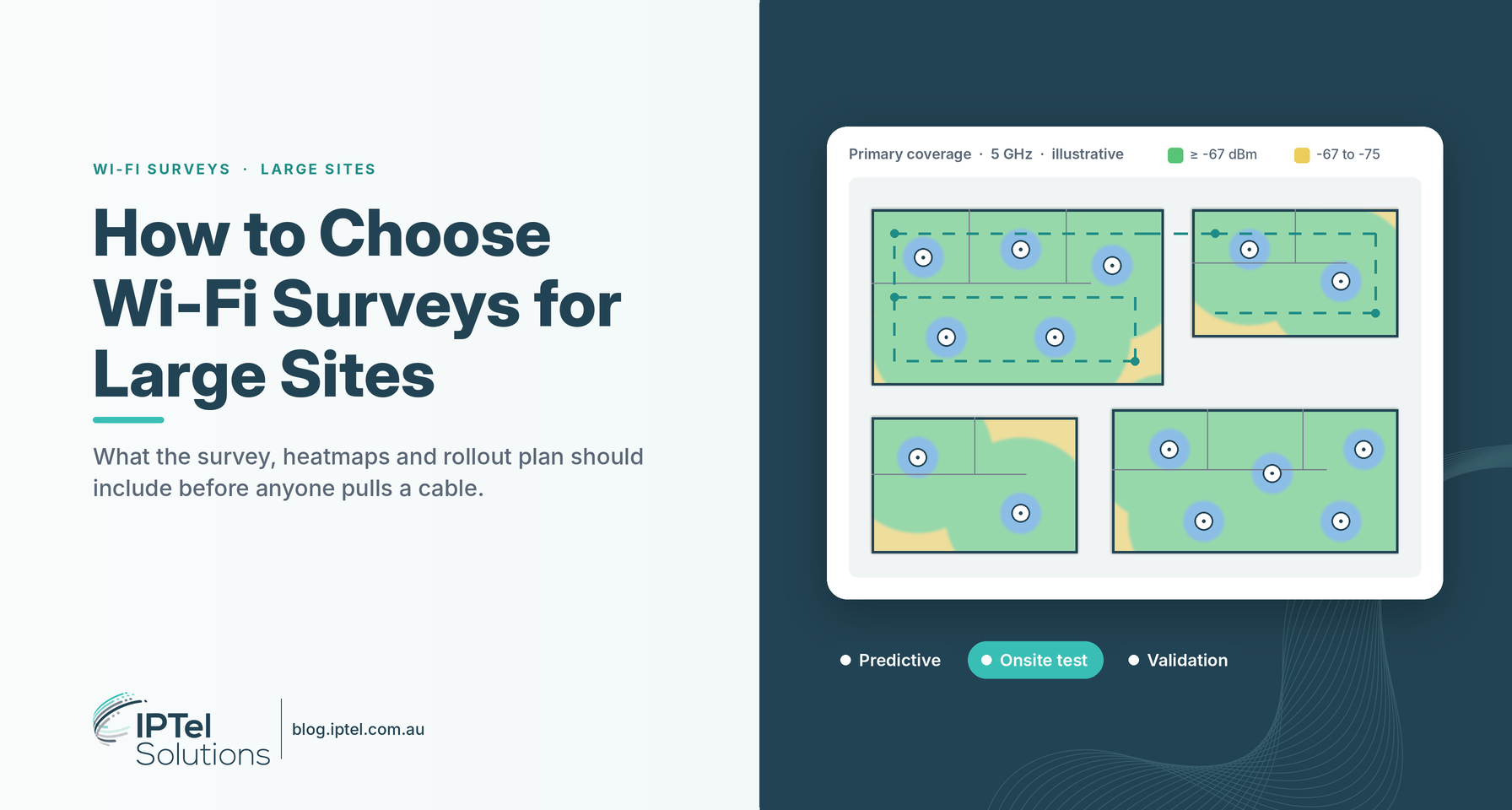 How to choose Wi-Fi surveys for large sites: a floor plan with Wi-Fi heatmap coverage and a survey walk path
